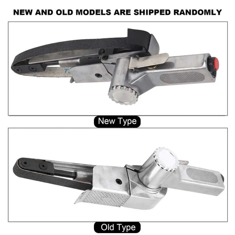New and old 20mm Pneumatic Air Belt Sander Polisher For Metal Wood Plastic, Compact Belt Grinder shown side by side.