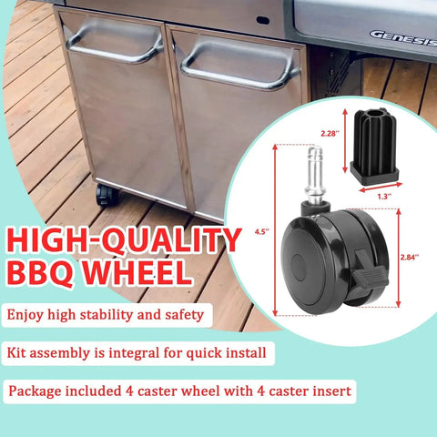 Locking Caster With Insert Replacement Wheel Set for BBQ grills shown with measurements and assembly parts on a Genesis grill setup