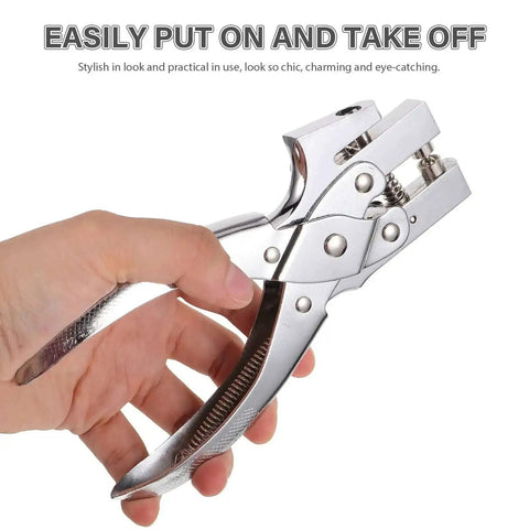 Hand holding a heavy duty single hole punch plier for office and crafting, featuring a sturdy steel build and ergonomic design.