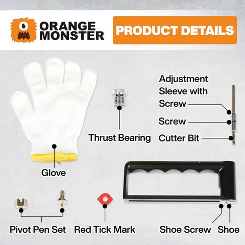 Various components including glove, adjustment sleeve, screw, cutter bit, and more for 2 to 12 inch adjustable hole cutter.
