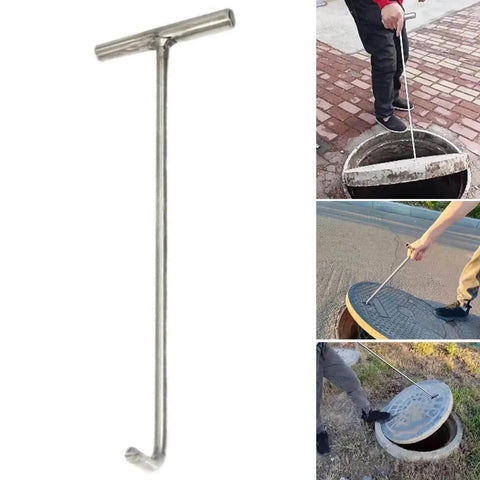 Versatile Manhole Hook Tool With T Shape Grip Lifter and Puller used for lifting manhole covers on streets, showing stainless steel construction