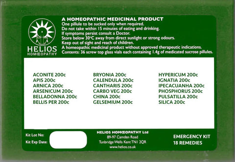 Compact Homeopathic Accident and Emergency First Aid Kit For On The Go Quick Relief Budget Friendly Remedy Pack with list of remedies.