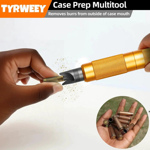 Case Prep Multitool For Reloading TYRWEEY Case Chamfer Deburring Tools with double-ended storage handle in use.