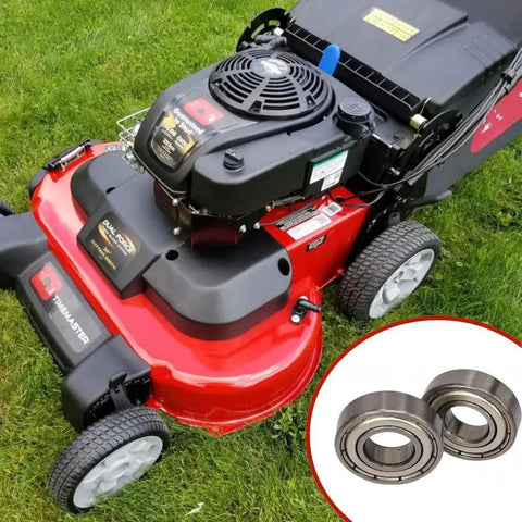 Close-up of Ten Pack R8ZZ Ball Bearings From DEEG next to a lawnmower, showcasing double-shielded design and chrome steel material.