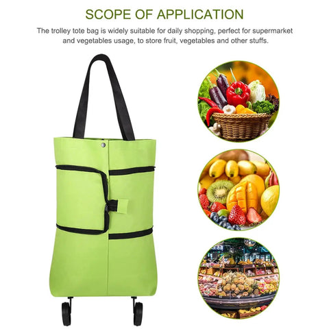 2 In 1 Foldable Shopping Cart With Wheels And Waterproof Tote, green portable grocery cart with images of fruits and vegetables