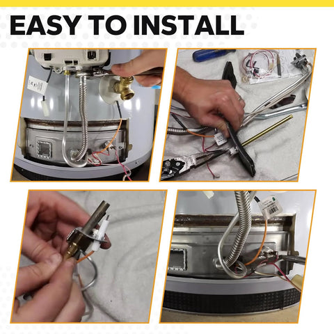 Water heater thermopile replacement for Rheem, Ruud and Richmond, shown with pilot burner and wiring.