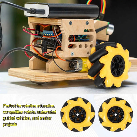 2Pack Mecanum Wheel Set For Smart Robot Cars And DIY Projects, Omnidirectional 48mm Wheels With ABS Rubber, Yellow, Shown on Robot