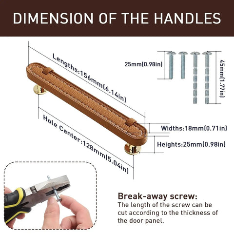 Dimensions and features of Two Pack Hand Stitch Brown Leather Cabinet Pulls 5 Inch Drawer Handles with adjustable screws.