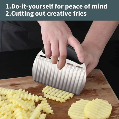 Person using restaurant-quality crinkle cutter knife for veggies and potatoes, stainless steel slicer with durable rubber handle.