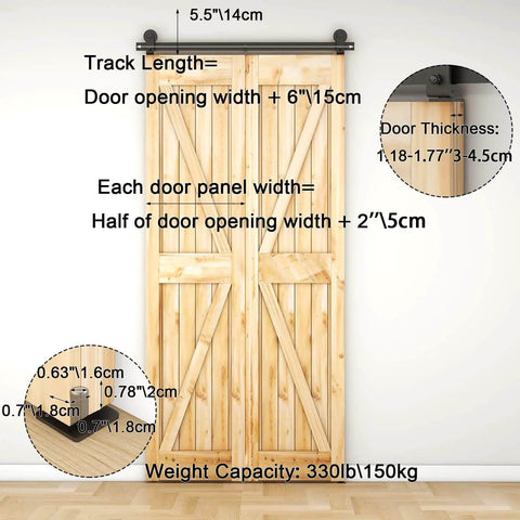 Heavy Duty Bi Folding Sliding Barn Door Hardware Kit For Two Doors 3 Foot Track 36 Inch Frosted Black Carbon Steel Rust Resistant Durable Hardware Kit Only No Door with installation instructions visible
