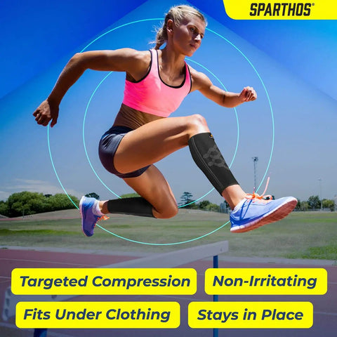 Woman jumping in athletic wear with black calf compression sleeves promoting Calf Compression Sleeves For Men And Women Unisex Leg Support.