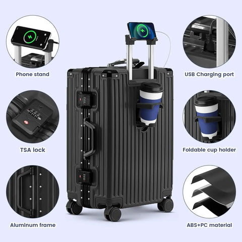 20 Inch Carry On Luggage With Aluminum Frame Zipperless Hard Shell And Spinner Wheels For Easy Travel With USB Charging Port Phone Holder And Cup Holder TSA Lock For Business Trips Built For Frequent Flyers Black, showing luggage features including USB port and phone stand.