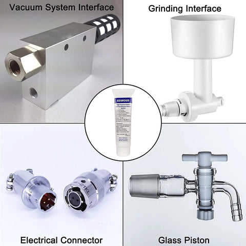 EDSRDUS SG01A high vacuum grease tube (3 oz); collage shows vacuum interface, grinding interface, electrical connectors.