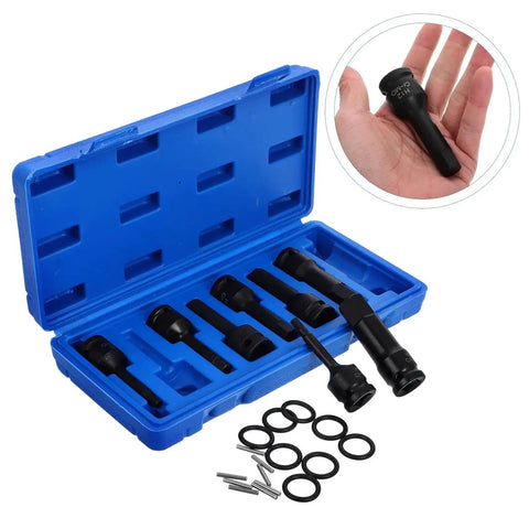 Front view: eight-piece 1/2-in drive impact socket set with hex spindle sockets in blue case.