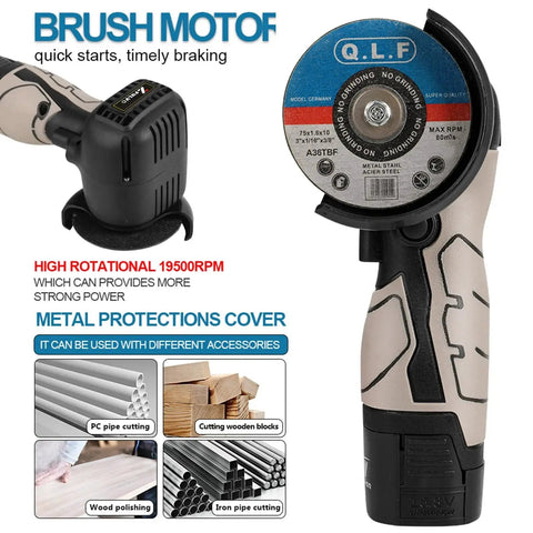 Cordless Angle Grinder Kit 19500 RPM With Two 16.8V 2000mAh Batteries 5 Cutting Discs Mini Electric Grinder Tool shown from the side
