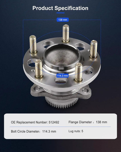Rear Wheel Bearing And Hub Assembly 5 Lugs Fits Hyundai Elantra Coupe, Elantra GT, Veloster And Kia Forte With ABS OE 512492 Replacement For 2011-2016 Models