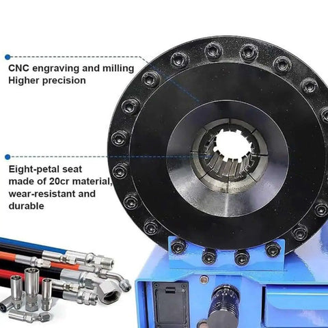 Portable Hydraulic Hose Crimping Tool Kit With 8 Die Sets, steel crimper close-up, magnetic easy install, pro grade hoses, high pressure.