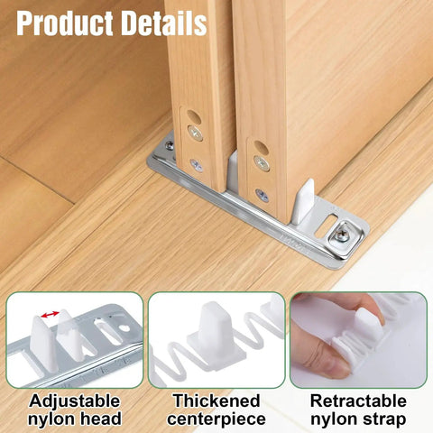 Sliding Closet Door Floor Guide For Bottom Track Systems Adjustable Steel Guides installed on wooden floor with screws.