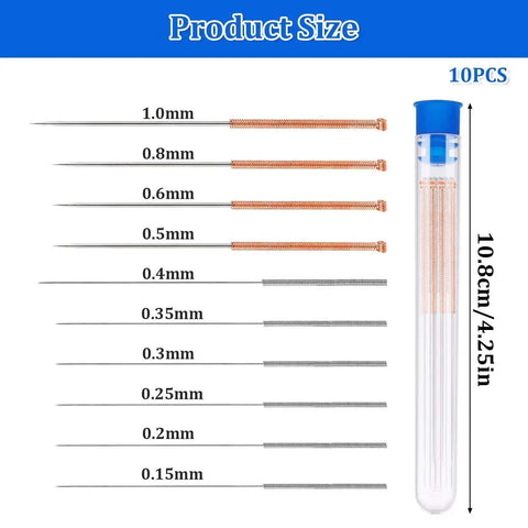 Diagram of Stainless Steel Nozzle Cleaning Needles Set, 10-Piece Clear Bottle, Includes 0.15mm To 1.0mm Tips For 3D Printers
