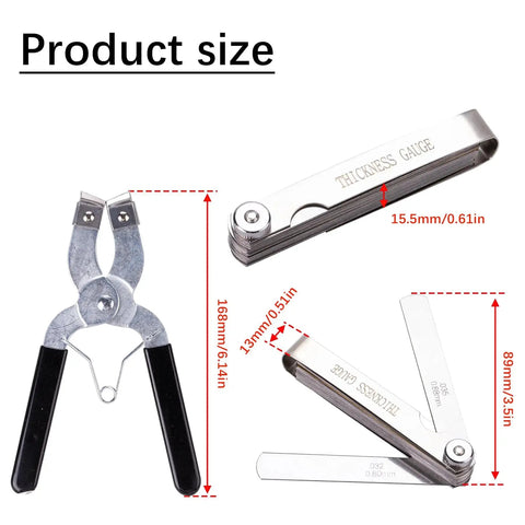 Universal Piston Ring Compressor Tool Set For Cars And Trucks With Adjustable 2-1/8 Inch To 7 Inch Belt Diameter, Piston Installer Plier, Stainless Steel Feeler Gauge dimensions