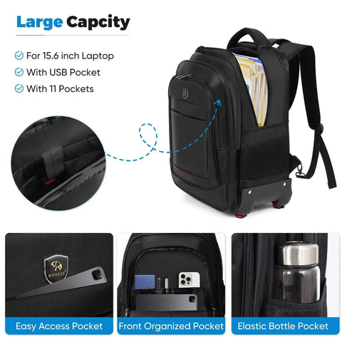360 Degree Rotating Water Resistant Rolling Backpack For Adults showing compartments and pockets.
