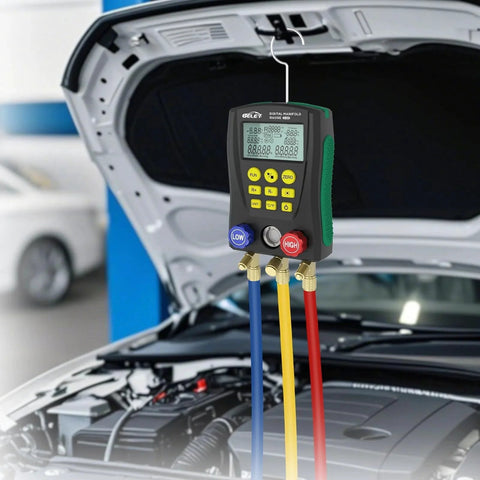 Digital Pro Grade HVAC Manifold Gauge Kit For Refrigerants With Dual Pressure And Temperature Tests hanging on car hood