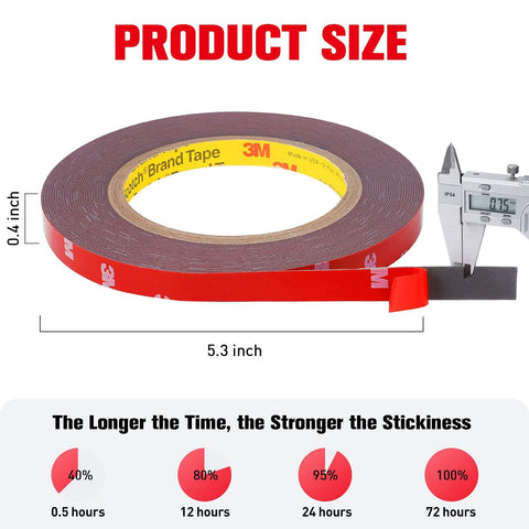 Double-sided mounting foam tape roll, red with yellow 3M core, 0.4 in wide, 33 ft long, Amazon brand