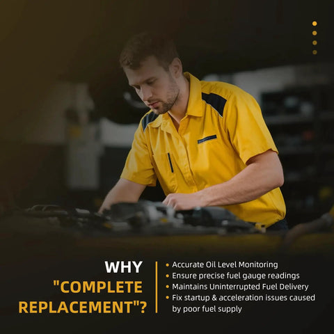 Mechanic working in a garage emphasizing benefits of complete replacement for fuel pumps.