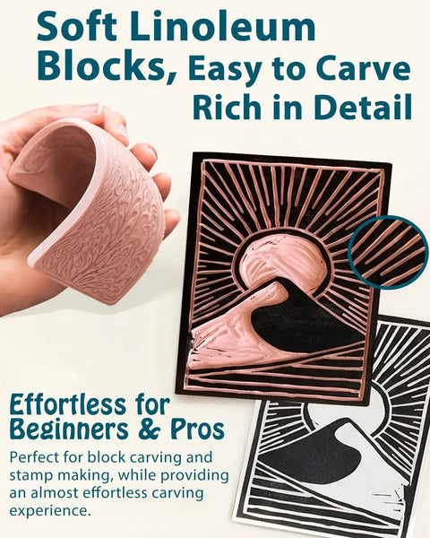 All In One Printmaking And Stamp Making Kit For Beginners With Linoleum Blocks Ink Brayer Transfer Papers Guide And 10 Printmaking Papers showing soft linoleum block carving detail.