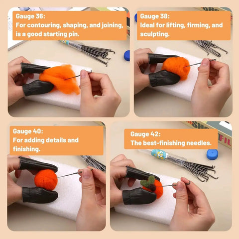 Needle Felting Kit With 127 Pcs Needles In Four Gauges 42 40 38 36, Pro Grade Wooden Handle Tools, user demonstrating usage on foam pad