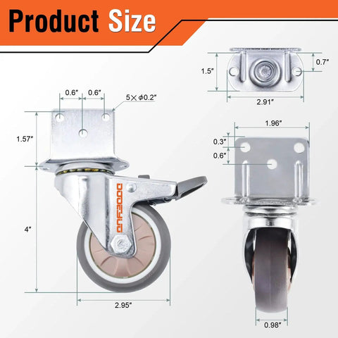 3 Inch Heavy Duty L Shape Side Mount Caster Wheels With Brake 4 Pack Ball Bearing Swivel Furniture Casters with dimensions