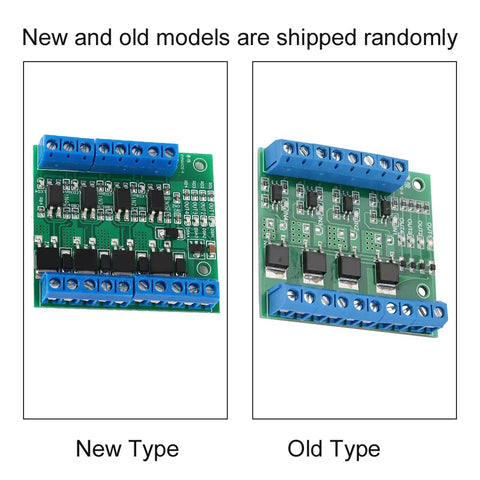 Image of new and old models of 4 Channel MOSFET PWM Driver Module 3-20V To 3.7-27VDC 10A PLC Amplifier For Motor Speed Control And LED Brightness.