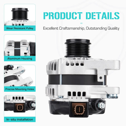 Front view of 3.5L Alternator Direct Fit For Venza Highlander Avalon Rx350 Es350 2005-2018 2008-2013 2007-2015 2009-2015 OE Grade Replacement With Solid Output And Easy Install 27060 0P151 84 11137N showcasing aluminum housing and pulley details.