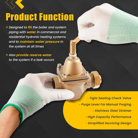 Brass 1/2-inch water pressure regulator valve being installed, held by white-gloved hands