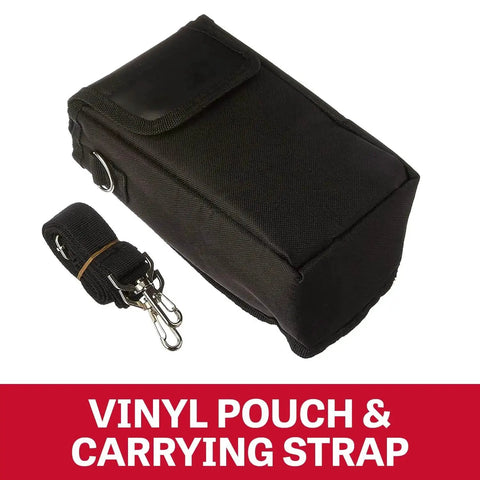 Black vinyl pouch with carrying strap and metal clips.