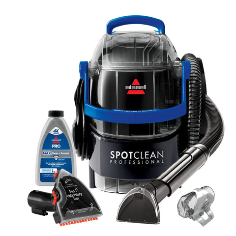 Pro Grade Portable Carpet And Upholstery Deep Cleaner For Stairs Rugs And Auto Interiors With 5.7A Motor 5ft Hose 3 In 1 Stair Tool Tough Stain Brush And Hydro Rinse Self Clean System BISSELL with accessories.