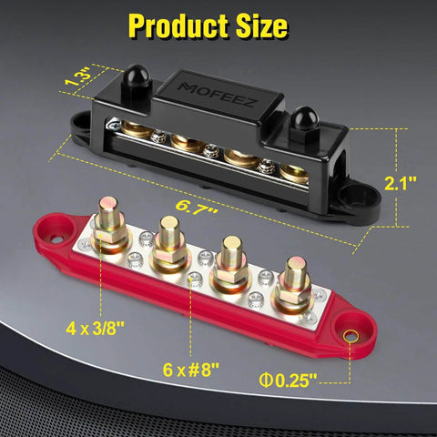 Beefy Power Distribution Block Bus Bar With Four Three Eighths Inch Posts And Six Size Eight Screws, size chart view