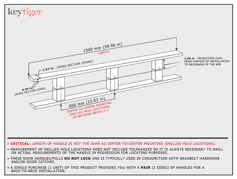 Diagram of 60 Inch Long Modern Matte Black Stainless Steel Door Handles And Front Door Pulls dimensions and mounting specs.