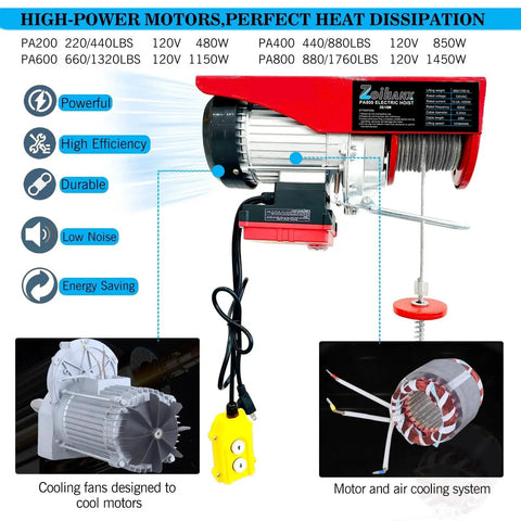 Side view of 1760 Lb 110V Electric Hoist With Remote 2 In 1 Wired And Wireless Lift Winch featuring motor and cooling system