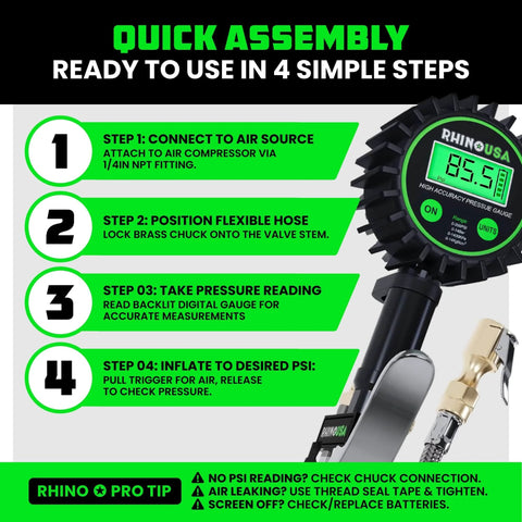 Rhino USA digital tire pressure gauge with inflator, 0-200 PSI, large 2-inch dial, stainless braided hose, brass hardware