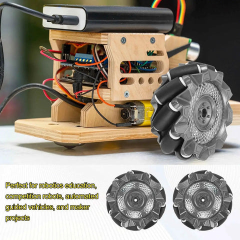 Wooden robot model with Two Pack 66mm Mecanum Wheels Set 2.6 Inch Omnidirectional Wheels for smart robot cars