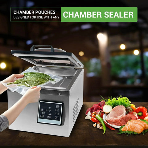 Person using Heavy Duty 3 Mil Pre Cut Chamber Vacuum Sealer Bags Set 300 Count In 6x10 8x12 And 10x13 Inches BPA Free For Chamber Vacuum Machines Pro Grade For Meal Prep Freezer Storage And Sous Vide Ready VTUUU with chamber sealer.