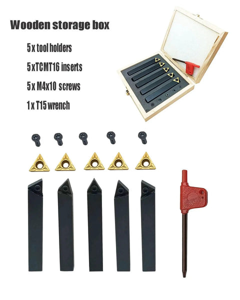 Five Piece Half Inch Shank Turning Tool Holder Set With TCMT16T304 And TCMT32 51 Indexable Carbide Inserts For Steel Stainless Iron And Cast Iron Finishing And Semi Finishing Rotatable Inserts With Three Cutting Edges displayed with wooden storage box, inserts, screws, and wrench.