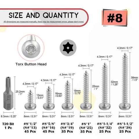 210 Pcs No 8 Stainless Steel Button Head Torx Sheet Metal Screws Security Anti Theft Tamper Proof Assortment Kit With T20 Driver Bit size chart