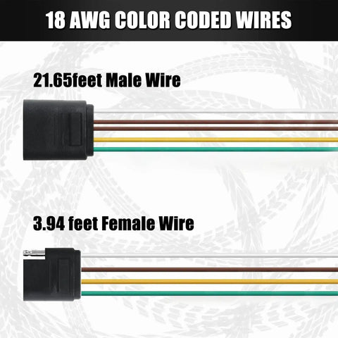 25 Ft Trailer Wiring Harness Extension Kit With 4 Way Flat Plug 18 AWG Male and Female Connectors