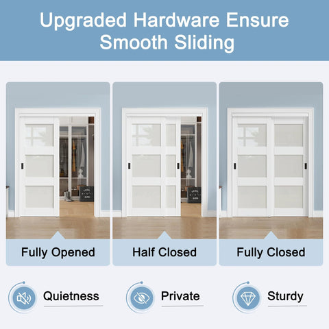 Installed Paintable Sliding Closet Doors 48x80 Bypass Panels showcasing fully opened, half closed, and fully closed views.