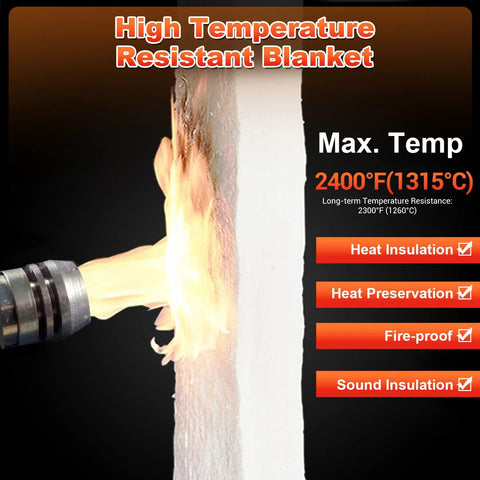Ceramic fiber blanket insulation being flame-tested; 24x12 in, 1 in thick, rated to 2400°F for ovens and kilns