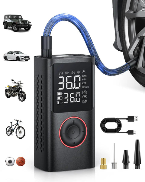 Portable Tire Inflator 150 PSI Cordless Air Compressor With Pressure Gauge And LED Light Mini Pump For Car Auto Motorcycle Bicycle Balls Fast Inflation, showing display and attachments.