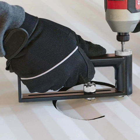 Adjustable Sheet Metal Hole Cutter With Two Drill Bits Pro Grade Circle Hole Cutter From 2 To 12 Inches For Duct HVAC Roofing And Metalwork Easy Cut Handles 24 Gauge Steel And 26 Gauge Stainless Steel Fits One Quarter Inch Drill Chuck in use cutting metal