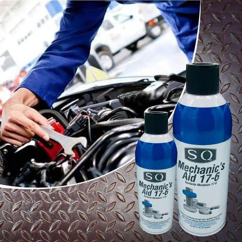 Mechanic's Aid 17-6 Penetrating Oil Low Viscosity Formula in use on car engine, bottle in foreground, 11 oz can